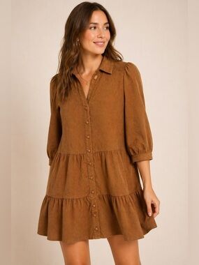 Pinch Brown Corduroy Tiered Shirt Dress Boho Fall Button Front Small